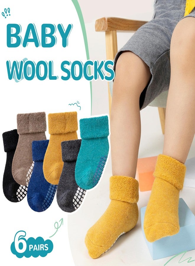 Eocom 6 Pairs Baby Boy Girl Non Slip Socks Child Toddler Winter Thick Soft Wool Kids Warm Socks with Grips(Yellow/Black/Brown/Grey/Blue/Green, 1-3T) - Image 3